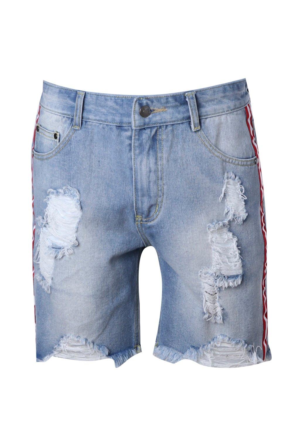 Distressed Bermuda Denim Shorts with Taping boohoo UK